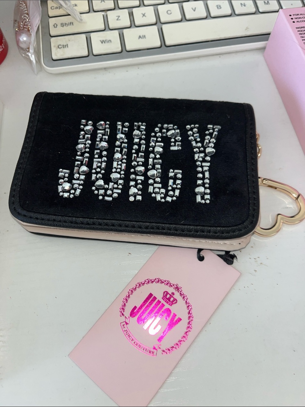 Juicy Couture Black Suede Rhinestone Logo Zip Wallet with Pink Trim